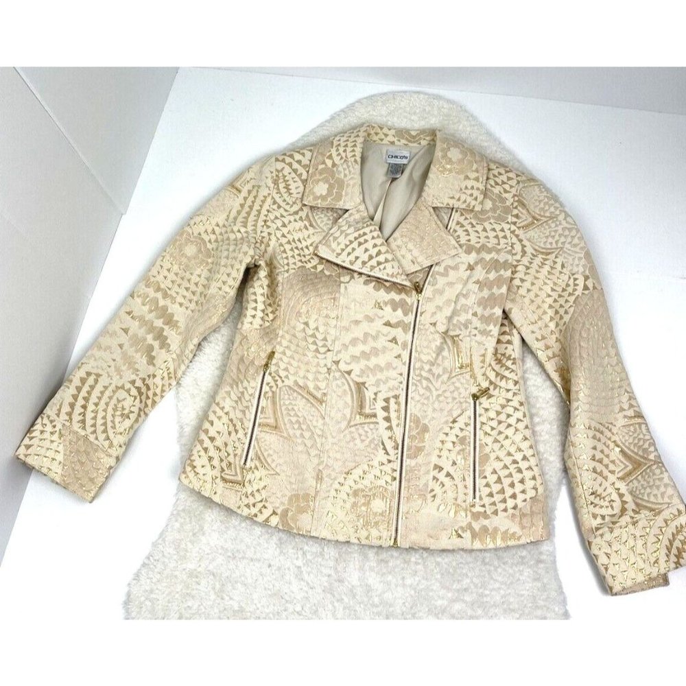 Chicos Size 0 Moto Jacket Jacquard White w/ Gold Design & Accents Spring Jacket